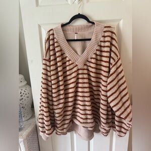 Free People Sherpa Waffle Knit Striped V-Neck Sweater